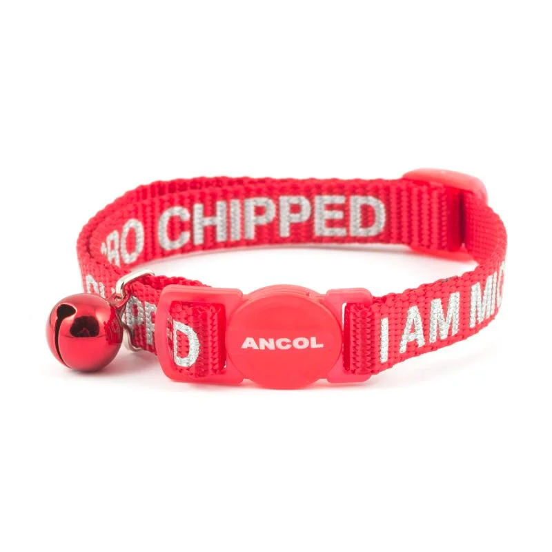 ---Cat Collar Ancol Reflective I am Micro Chipped Safety Red