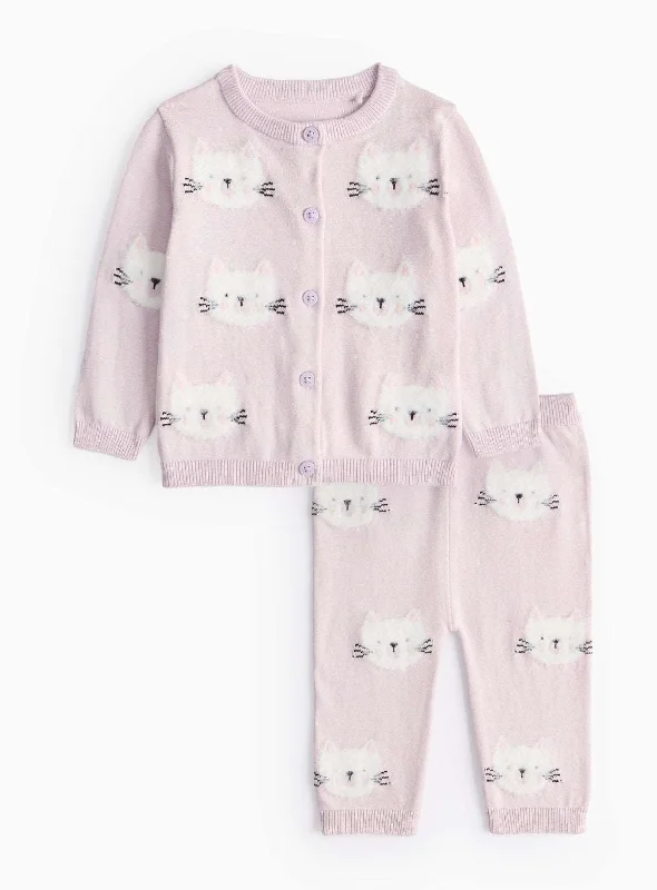  . **Functional Cat Food**  Lilac Cat Print Knitted Cardigan & Leggings Set 6-9 months