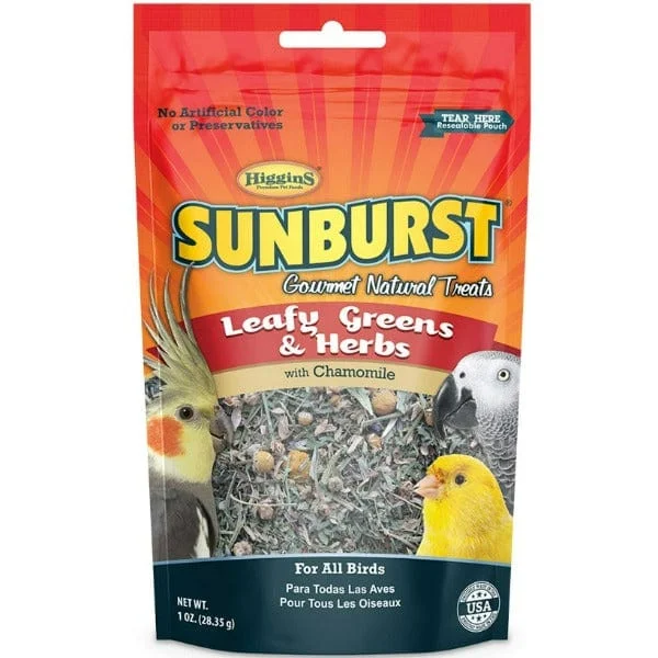    - Cat food for picky eaters  - Food for sterilized dogsSunburst Leafy Greens & Herbs Gourmet Natural Bird Treats